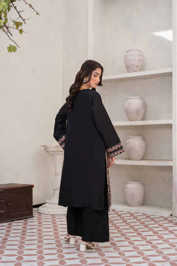 Elegant Black Embroidered Cotton Suit