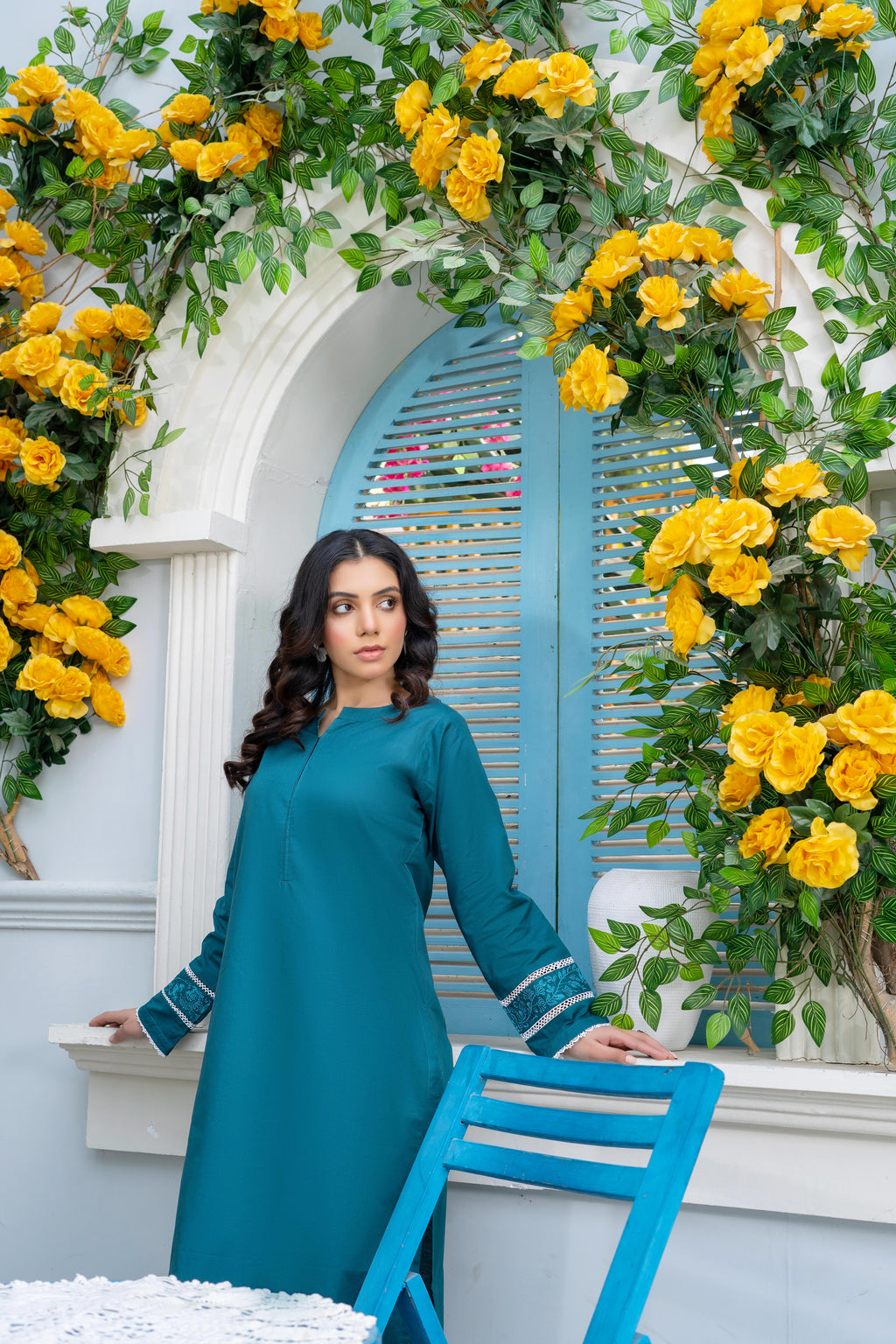 Stitched 2-Piece Suit – Teal Elegance with Embellished Cuffs