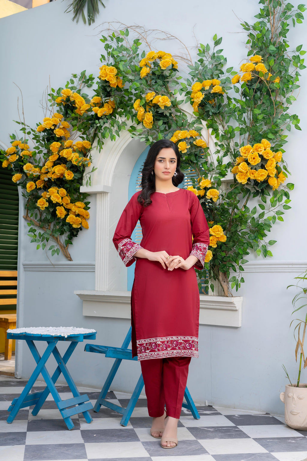 Stitched 2-Piece Suit – Maroon Grace with Intricate Embroidery
