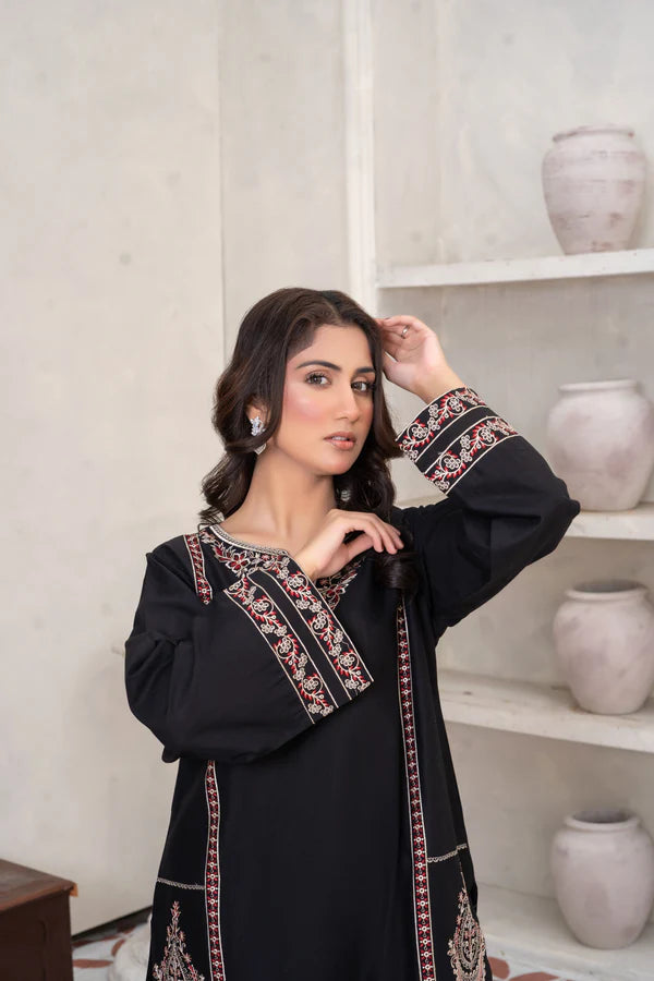 Elegant Black Embroidered Cotton Suit