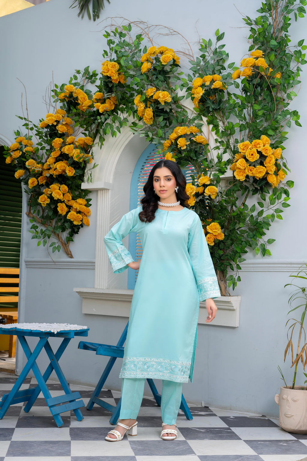 Stitched 2-Piece Suit – Powder Blue Elegance with White Embroidery