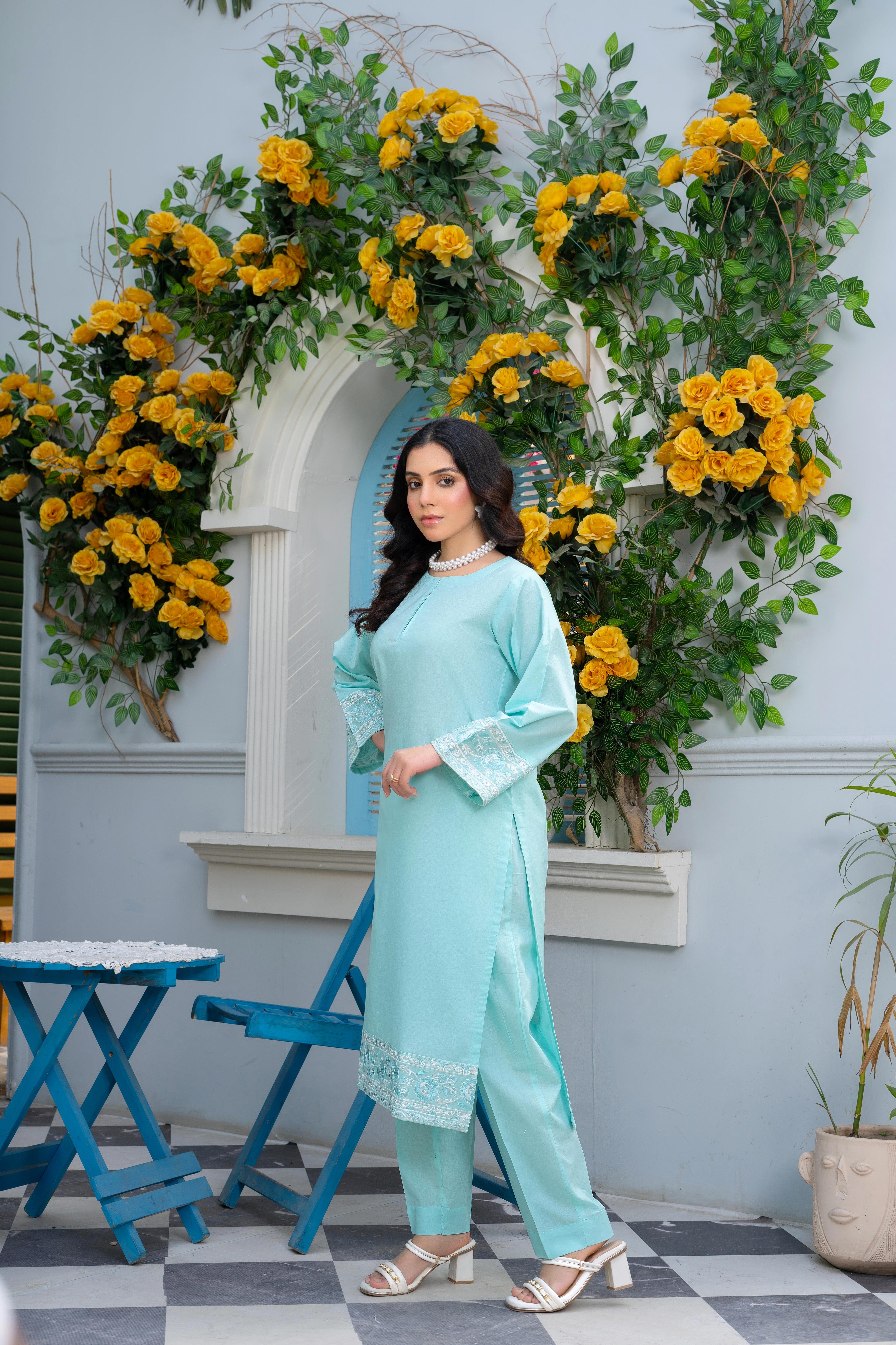 Stitched 2-Piece Suit – Powder Blue Elegance with White Embroidery