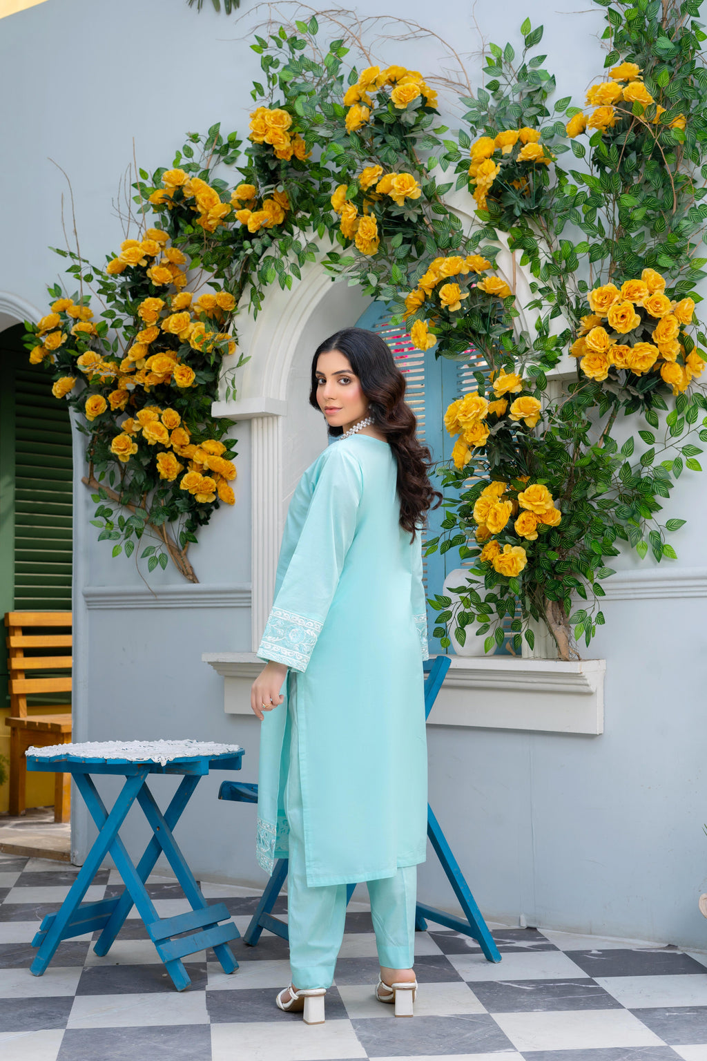 Stitched 2-Piece Suit – Powder Blue Elegance with White Embroidery