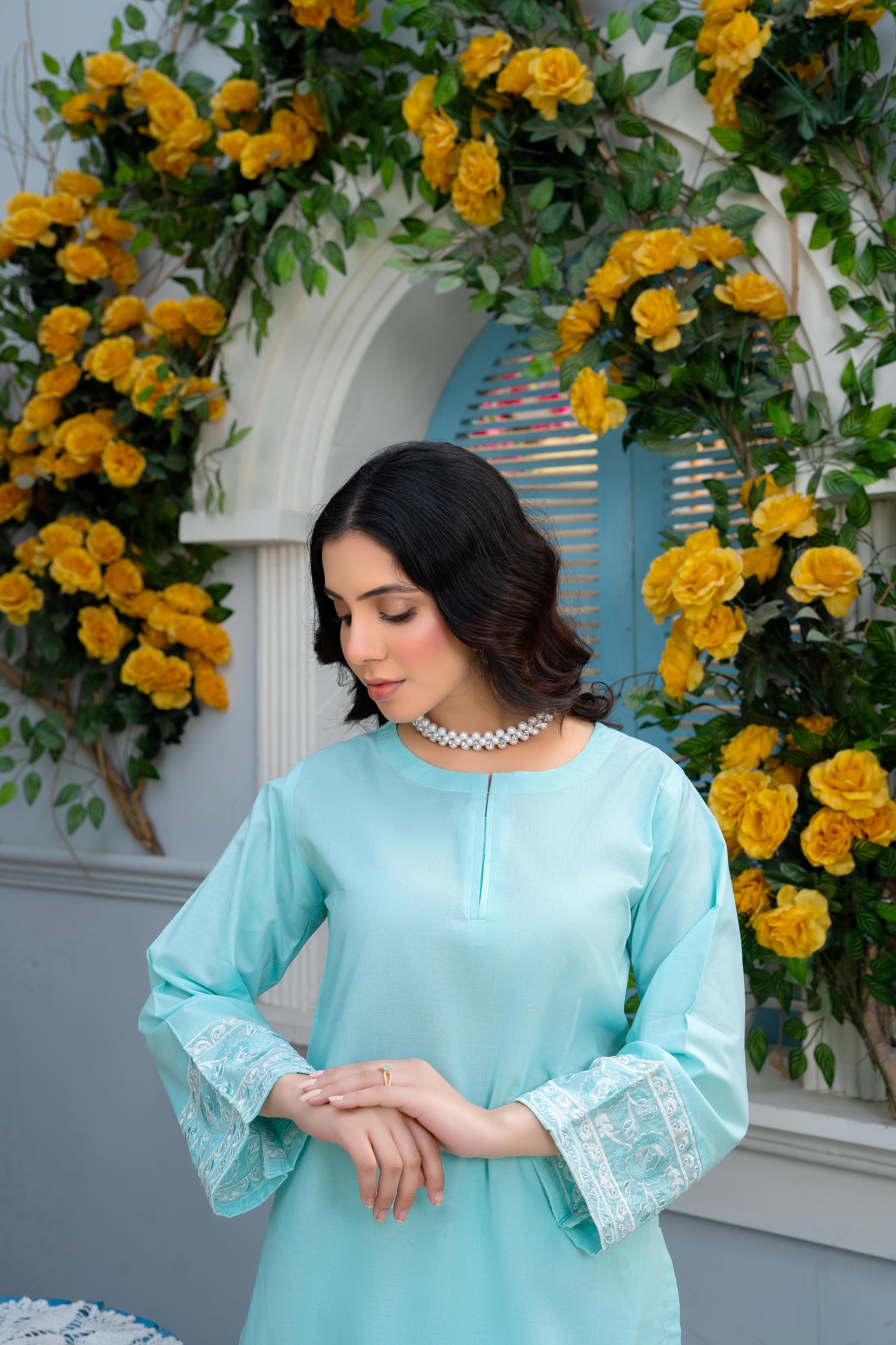 Stitched 2-Piece Suit – Powder Blue Elegance with White Embroidery