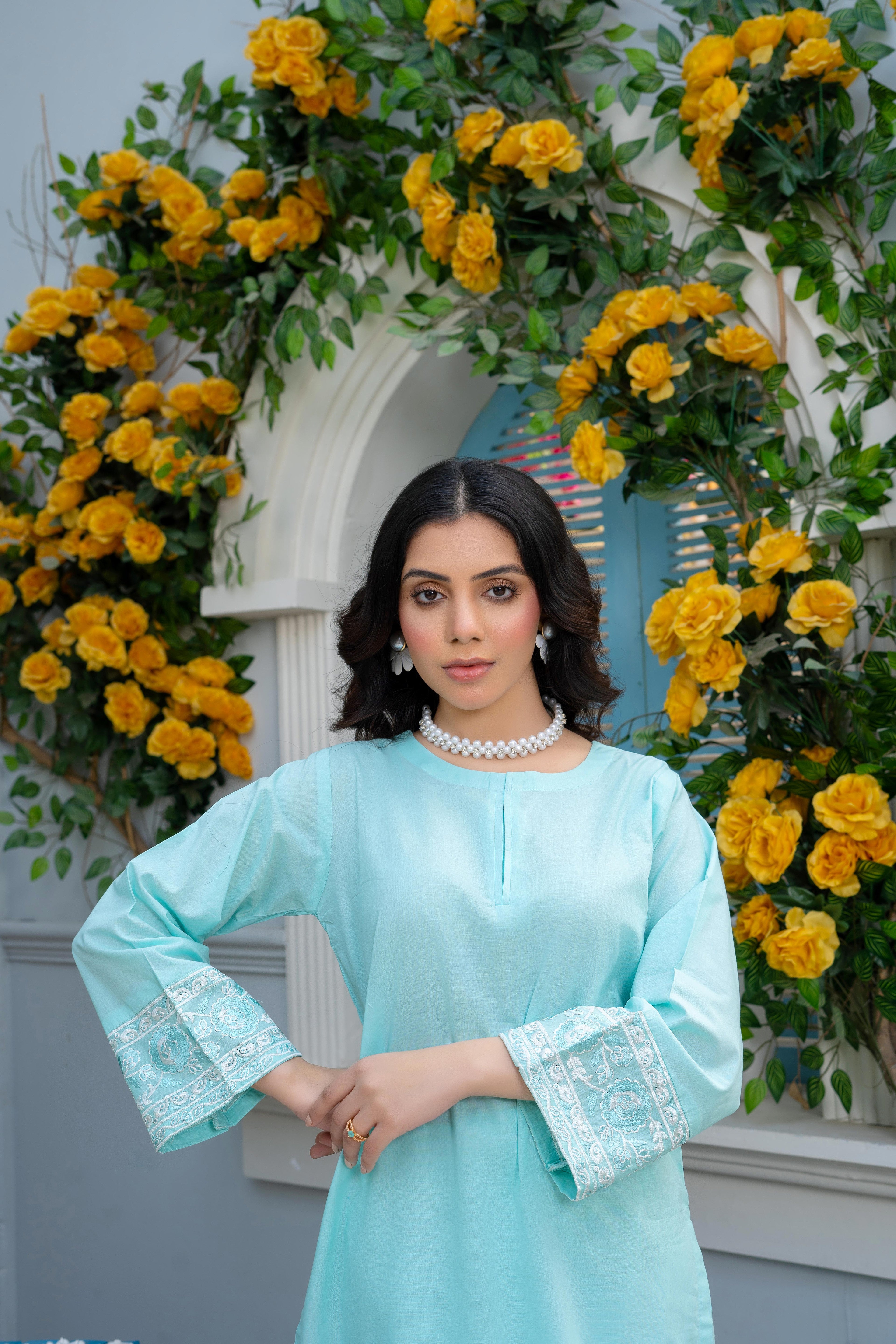 Stitched 2-Piece Suit – Powder Blue Elegance with White Embroidery