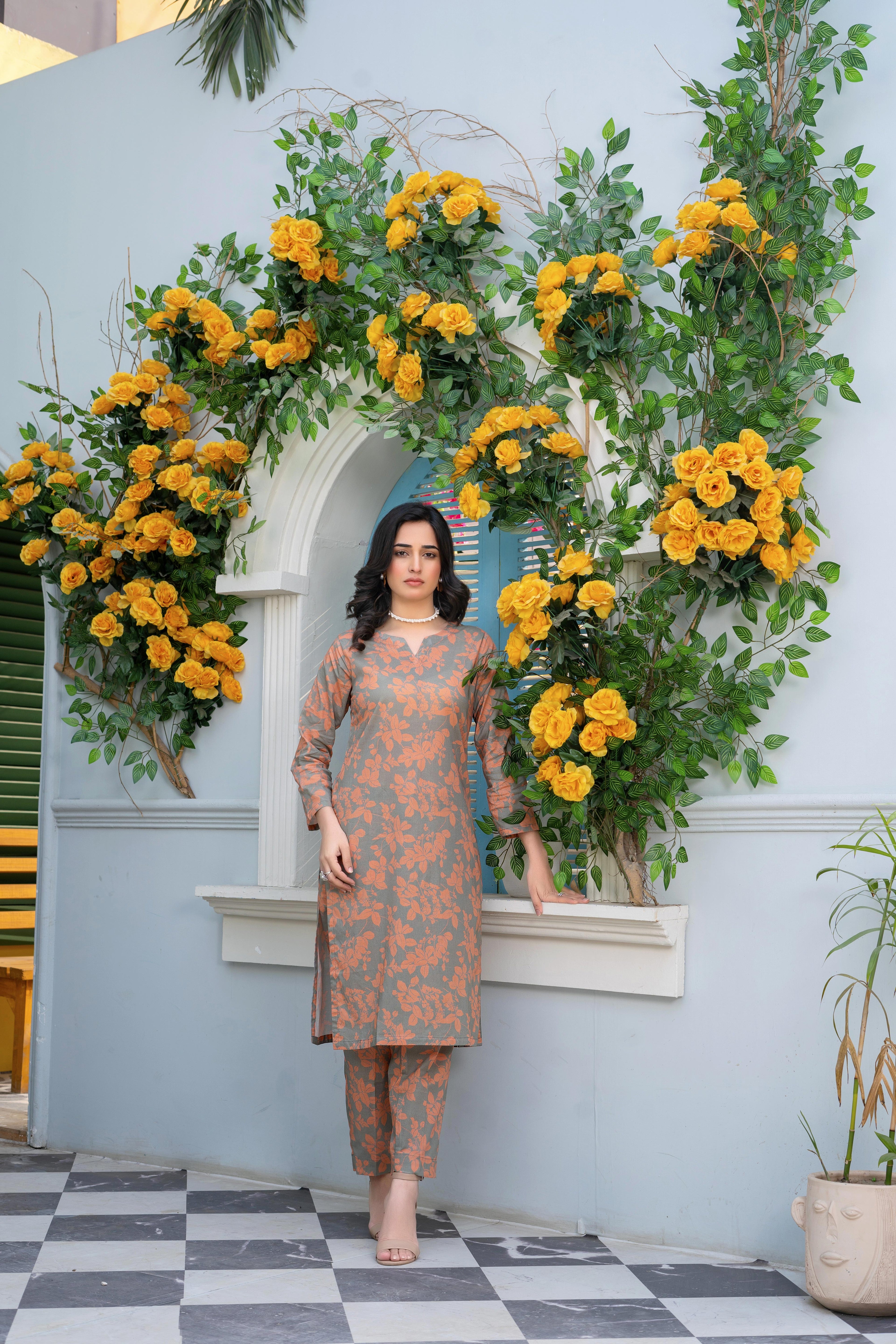 Stitched 2-Piece Suit – Autumn Bloom in Orange & Gray