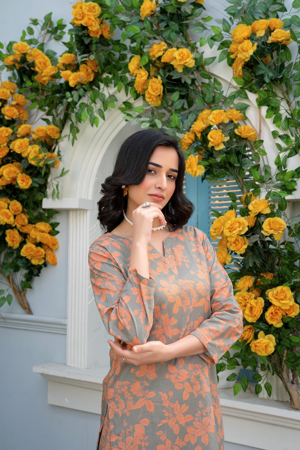 Stitched 2-Piece Suit – Autumn Bloom in Orange & Gray