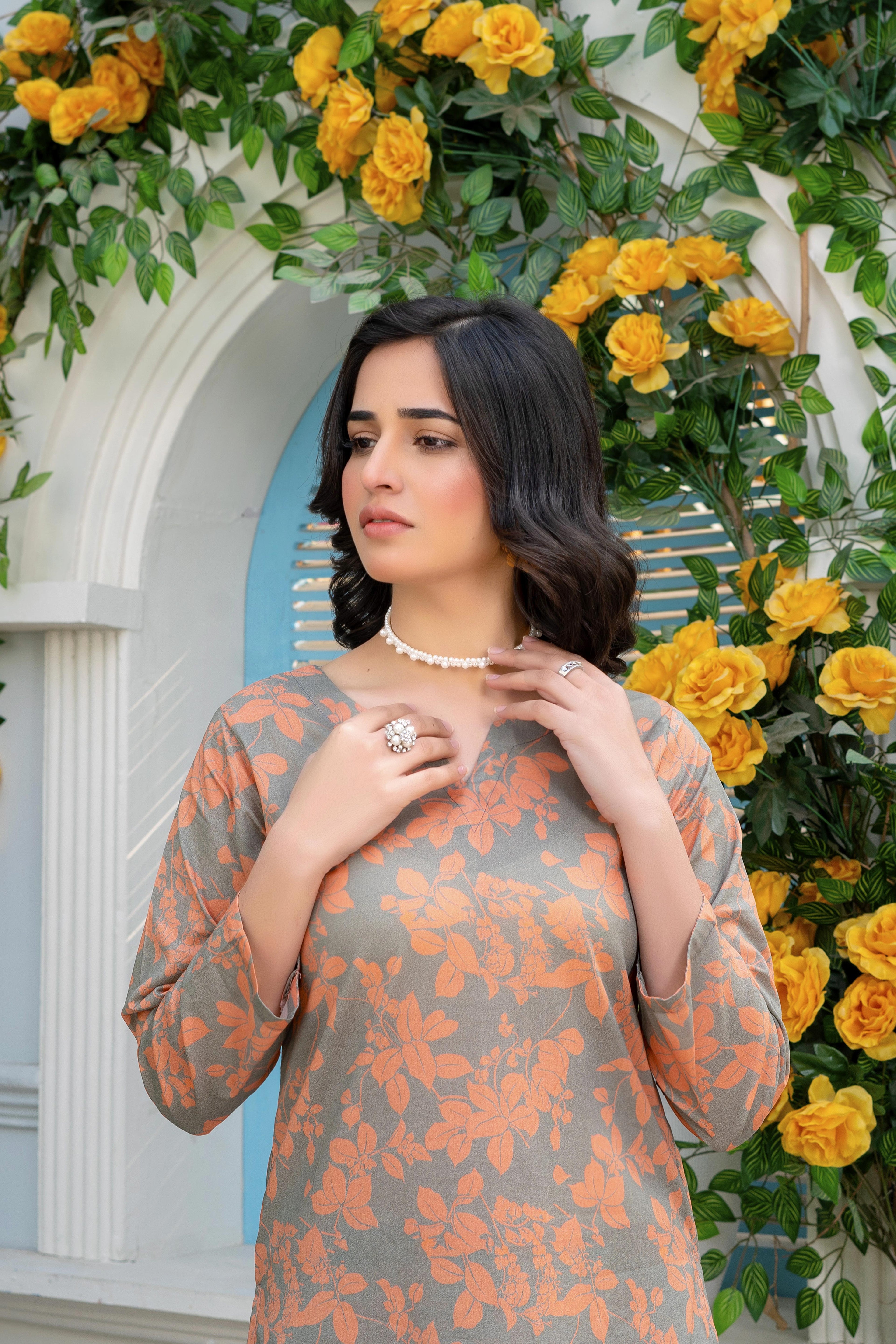 Stitched 2-Piece Suit – Autumn Bloom in Orange & Gray