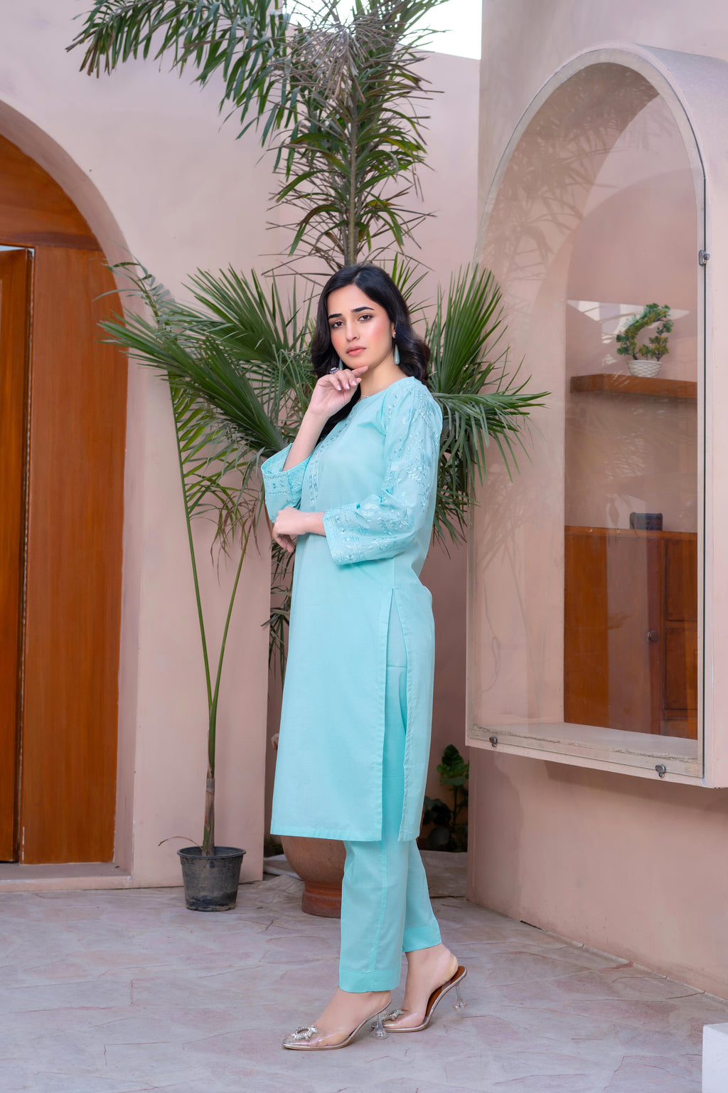 Stitched 2-Piece Suit – Serene Charm in Sky Blue