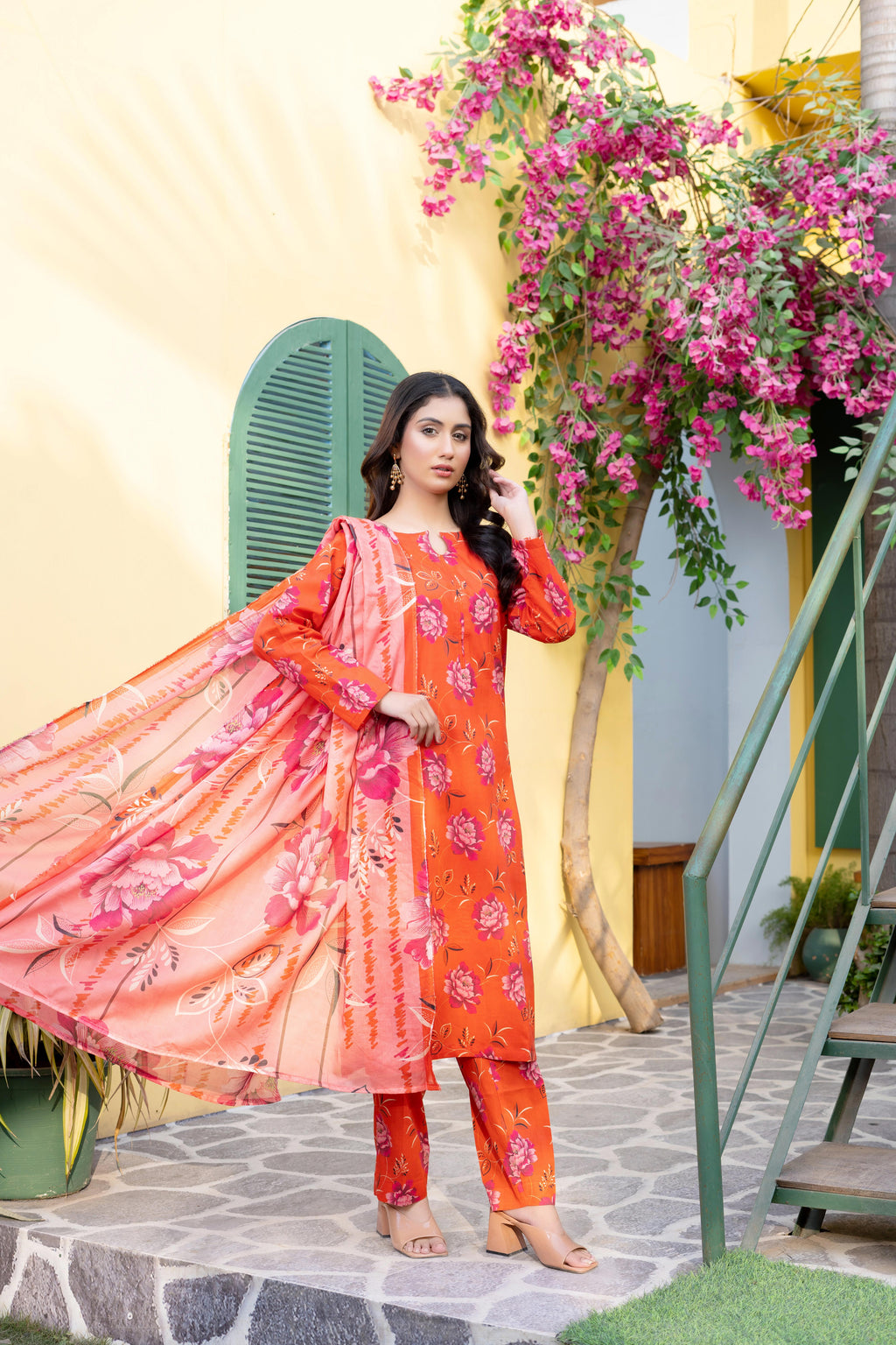 Stitched 3-Piece Suit – Sunset Orange with Pink Floral Dupatta