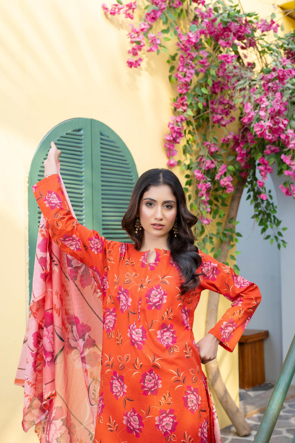 Stitched 3-Piece Suit – Sunset Orange with Pink Floral Dupatta