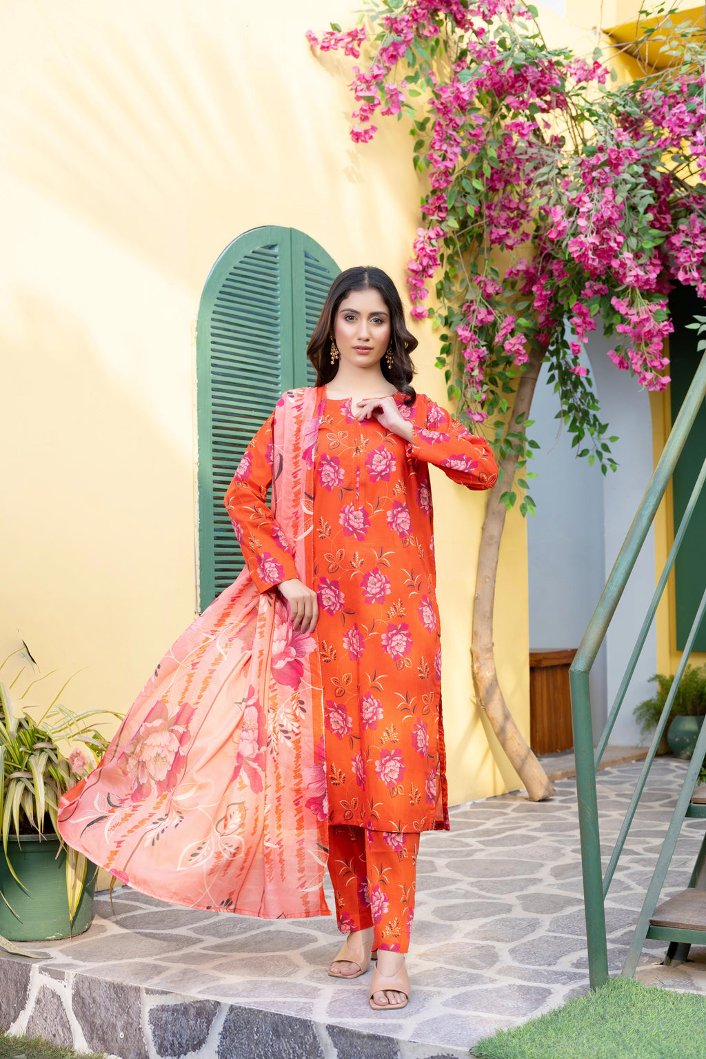 Stitched 3-Piece Suit – Sunset Orange with Pink Floral Dupatta