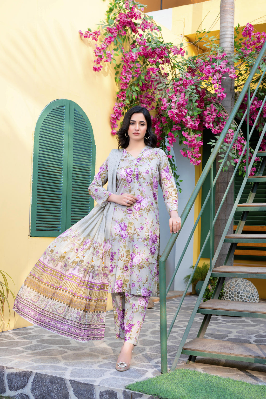 Stitched 3-Piece Suit – Lavender Gold Bloom with Printed Dupatta