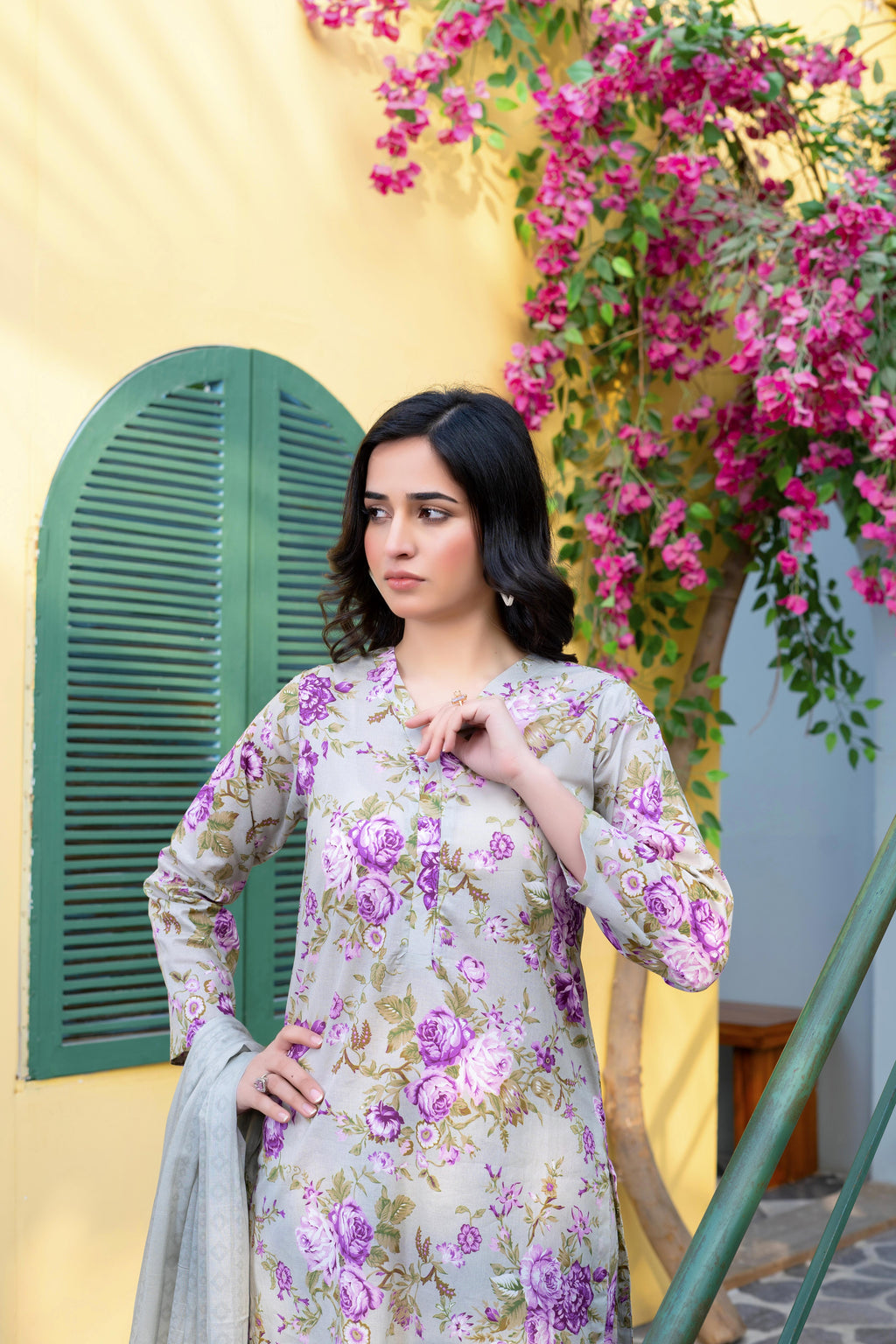 Stitched 3-Piece Suit – Lavender Gold Bloom with Printed Dupatta