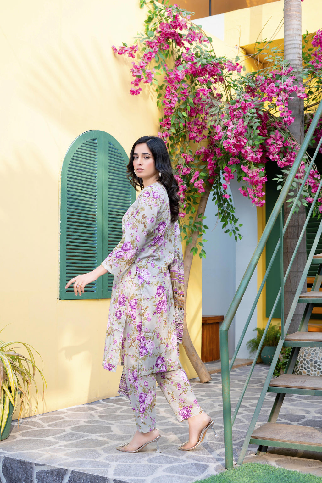 Stitched 3-Piece Suit – Lavender Gold Bloom with Printed Dupatta