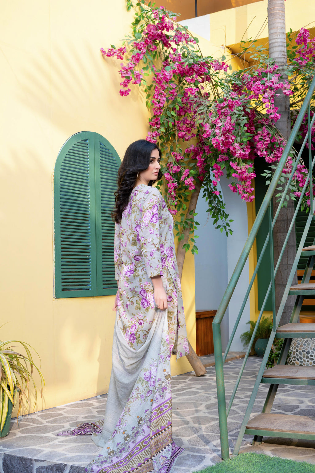 Stitched 3-Piece Suit – Lavender Gold Bloom with Printed Dupatta
