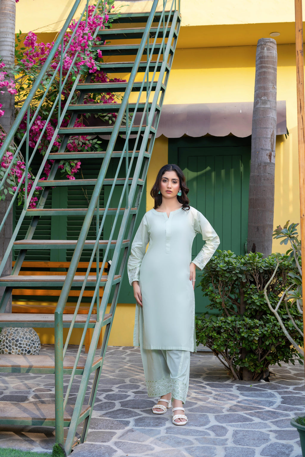 Stitched 2-Piece Suit – Pastel Green Elegance with Embroidered Accents