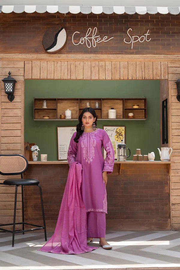 Purple Embroidered Cotton 3 Piece Suit