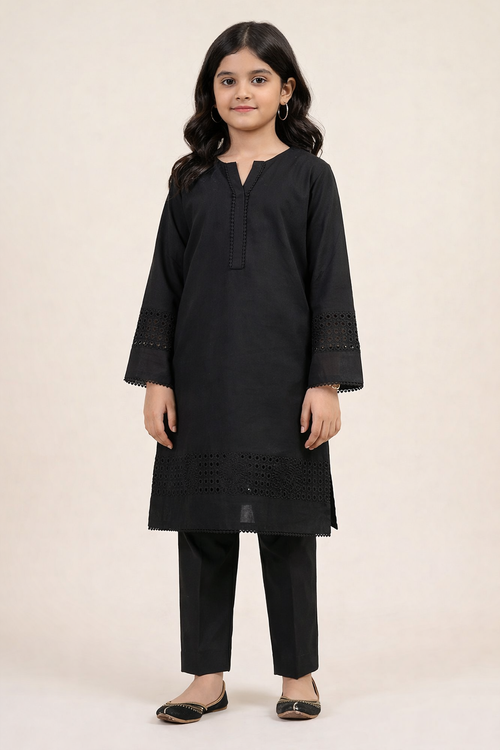 Black Embroidered Cotton 2 Piece Suit