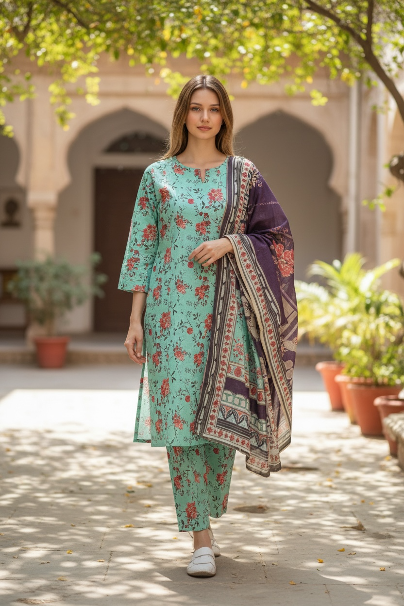 Turquoise Floral Lawn 3 Piece Suit