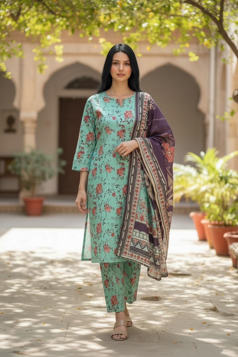 Turquoise Floral Lawn 3 Piece Suit