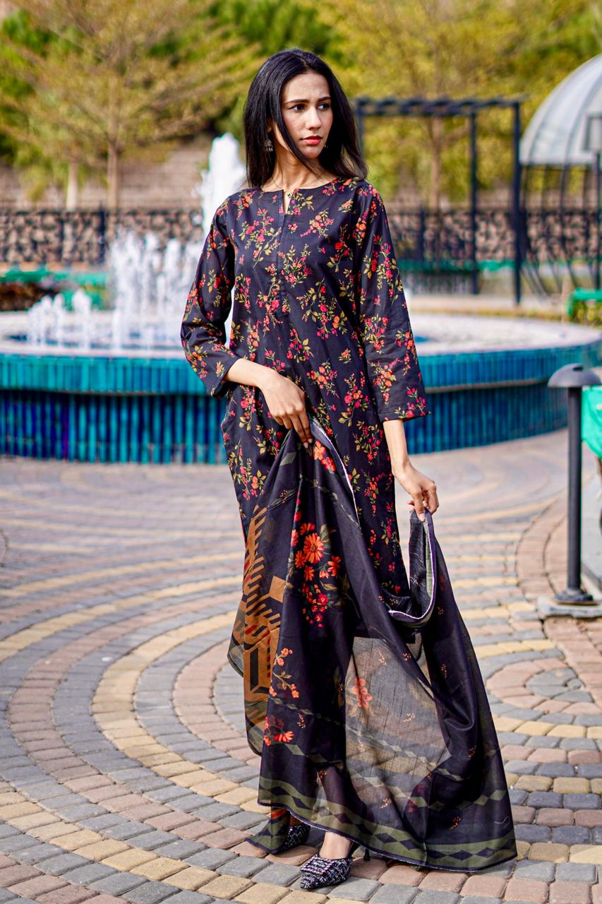 3-Piece Black Kurta Set with Red Floral & Tribal Dupatta