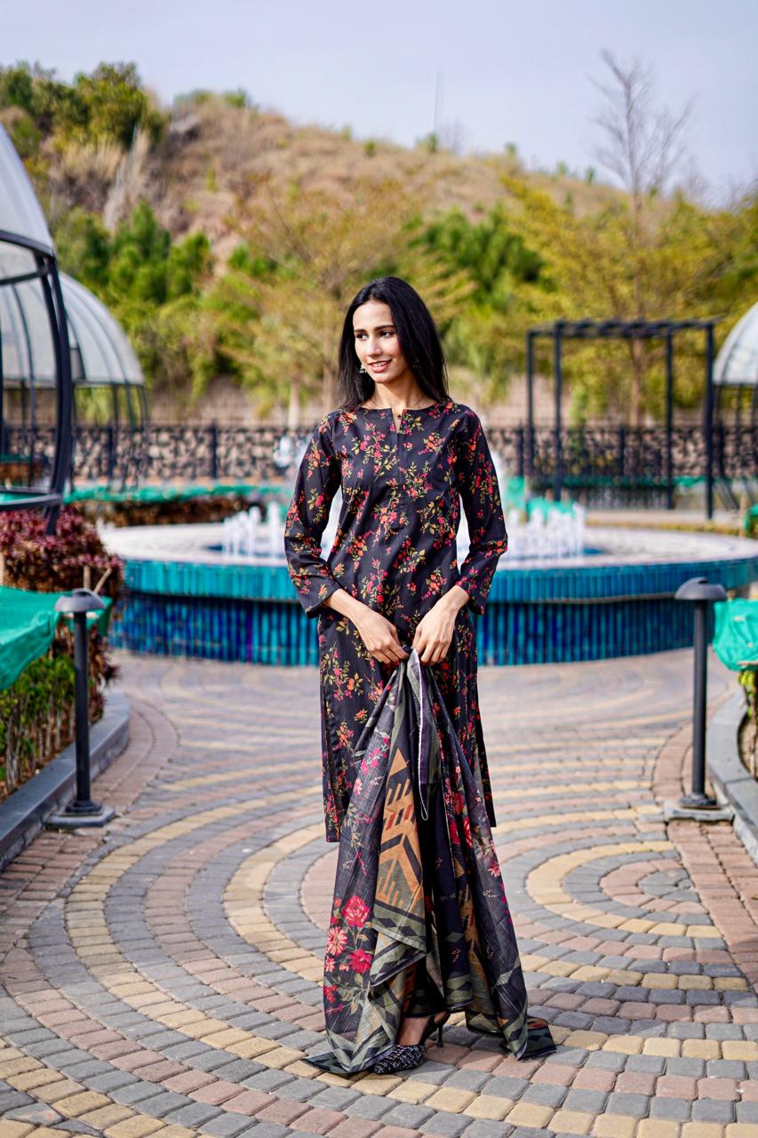 3-Piece Black Kurta Set with Red Floral & Tribal Dupatta