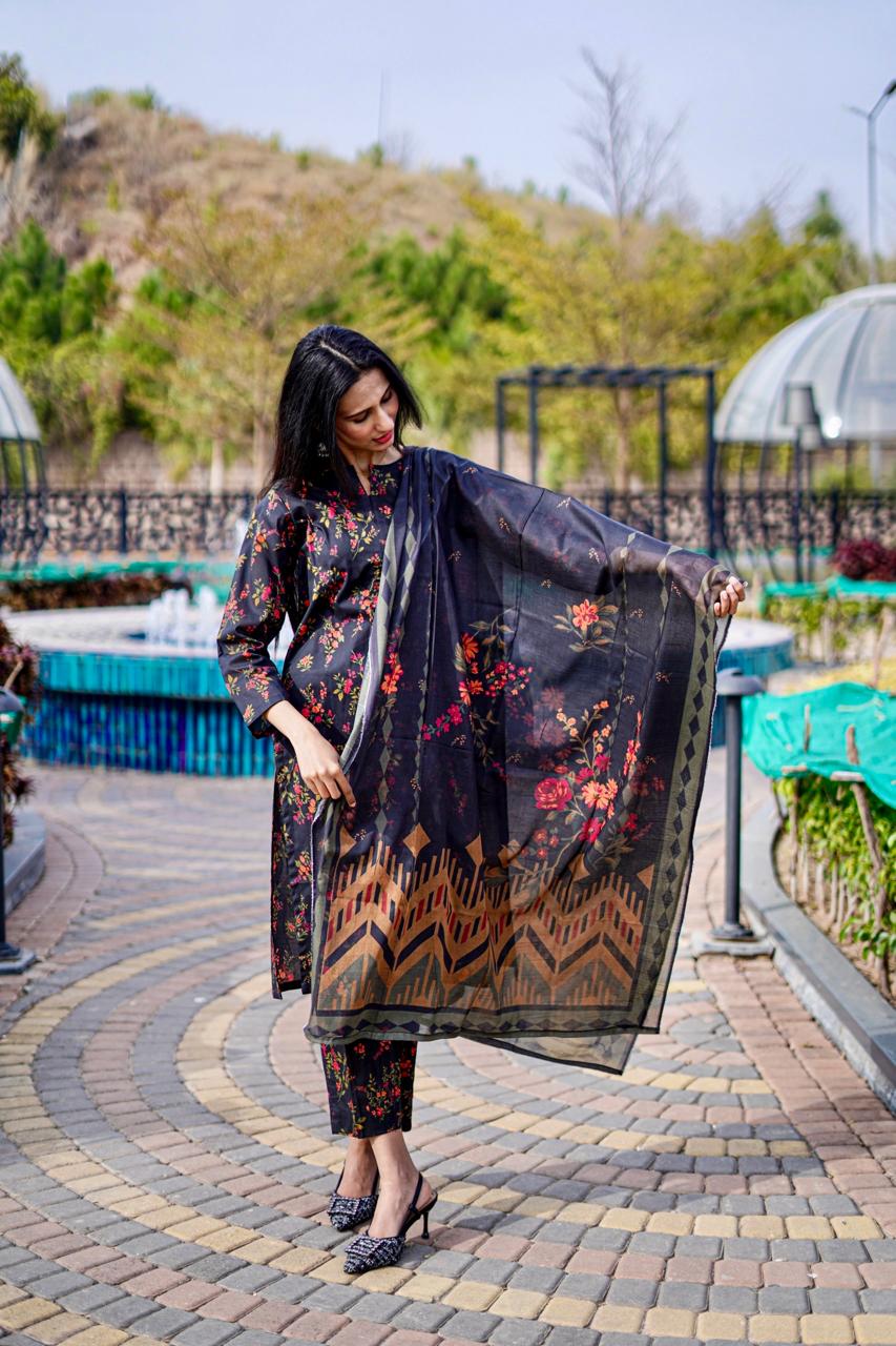 3-Piece Black Kurta Set with Red Floral & Tribal Dupatta