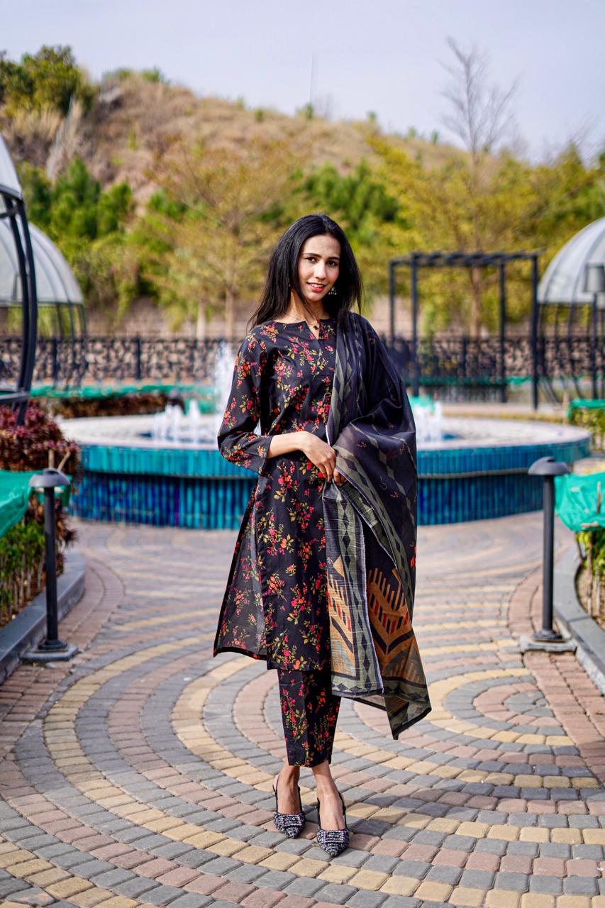 3-Piece Black Kurta Set with Red Floral & Tribal Dupatta