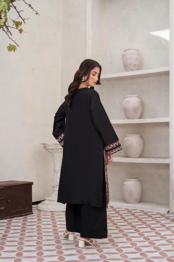 Black Embroidered Cotton 2 Piece Suit